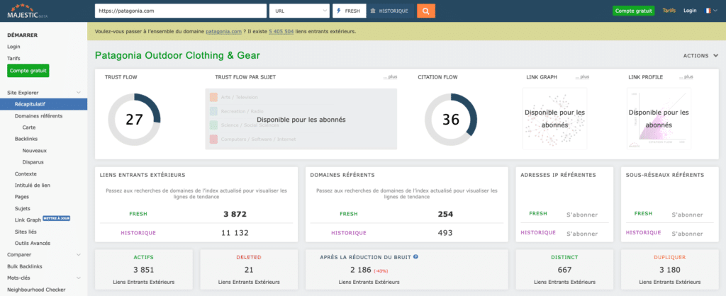 Capture d'écran de l'outil majestic pour voir le nombre de liens entrants d'un site web.