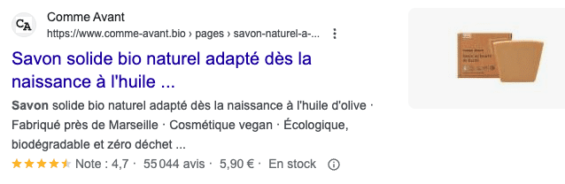 Capture d'écran d'un meta description pour exemple - Savon